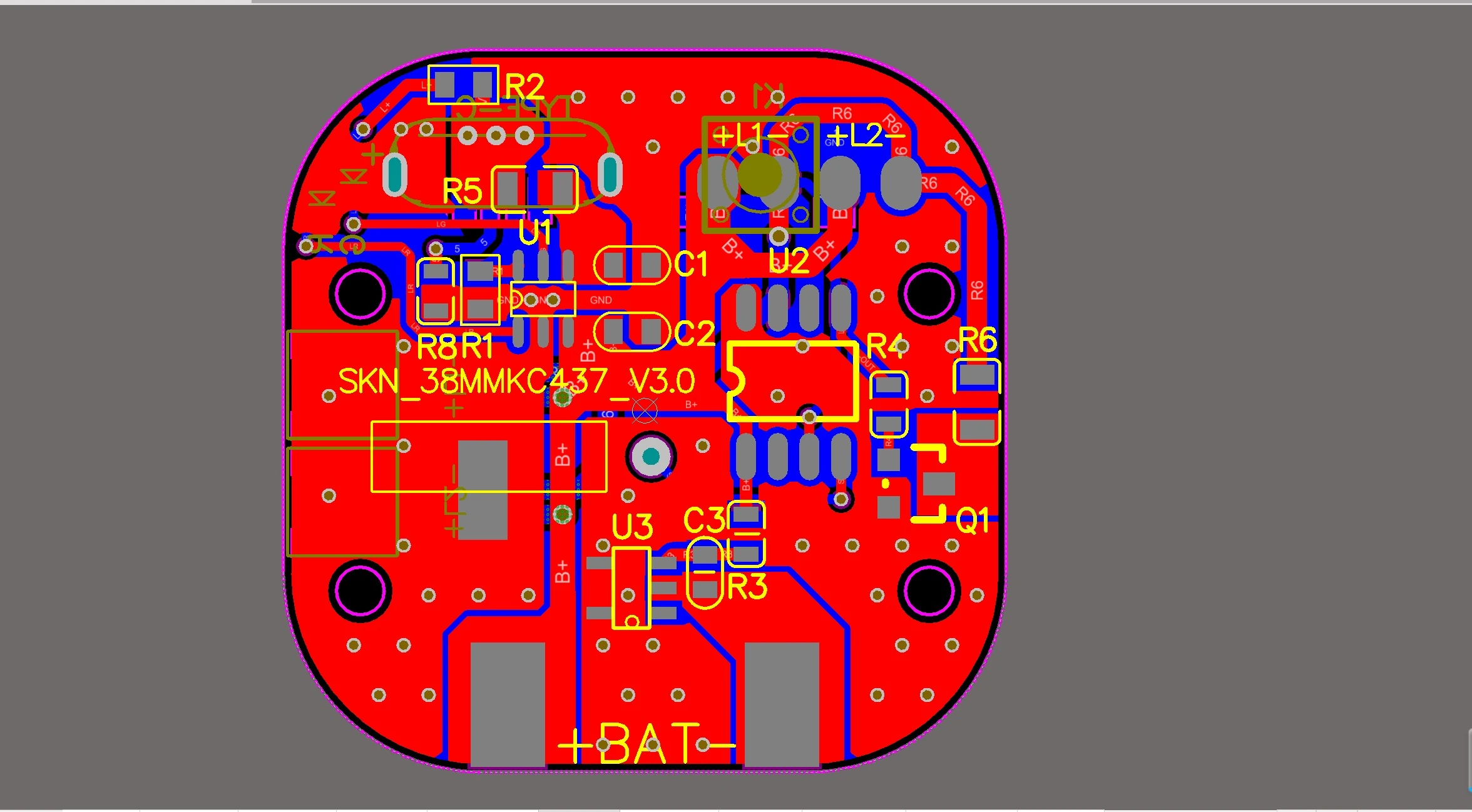 PCB layout of the indoor ambient light board, showing the LED positions at the board edge, the charging and protection section, and the component outlines.