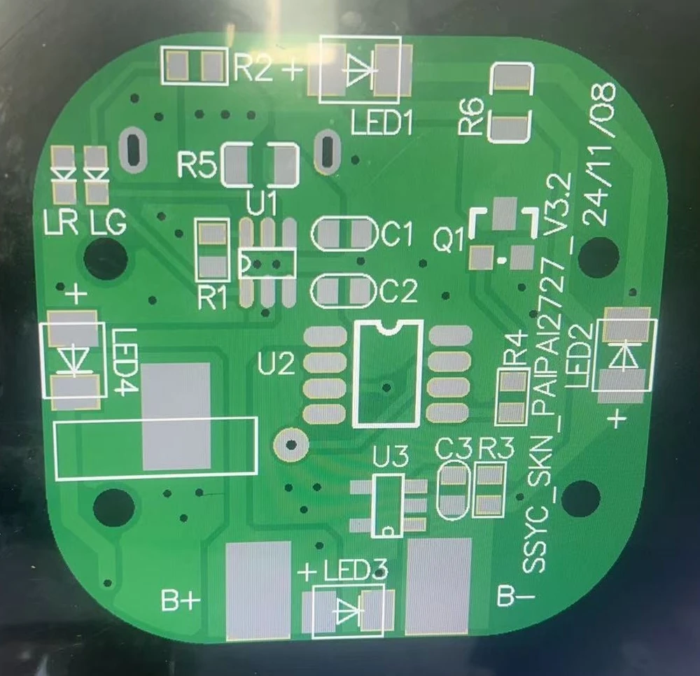 The indoor ambient light PCB before assembly — four warm-white LEDs at the board edges, a microcontroller, a charging IC, a protection IC and a USB Type-C receptacle.