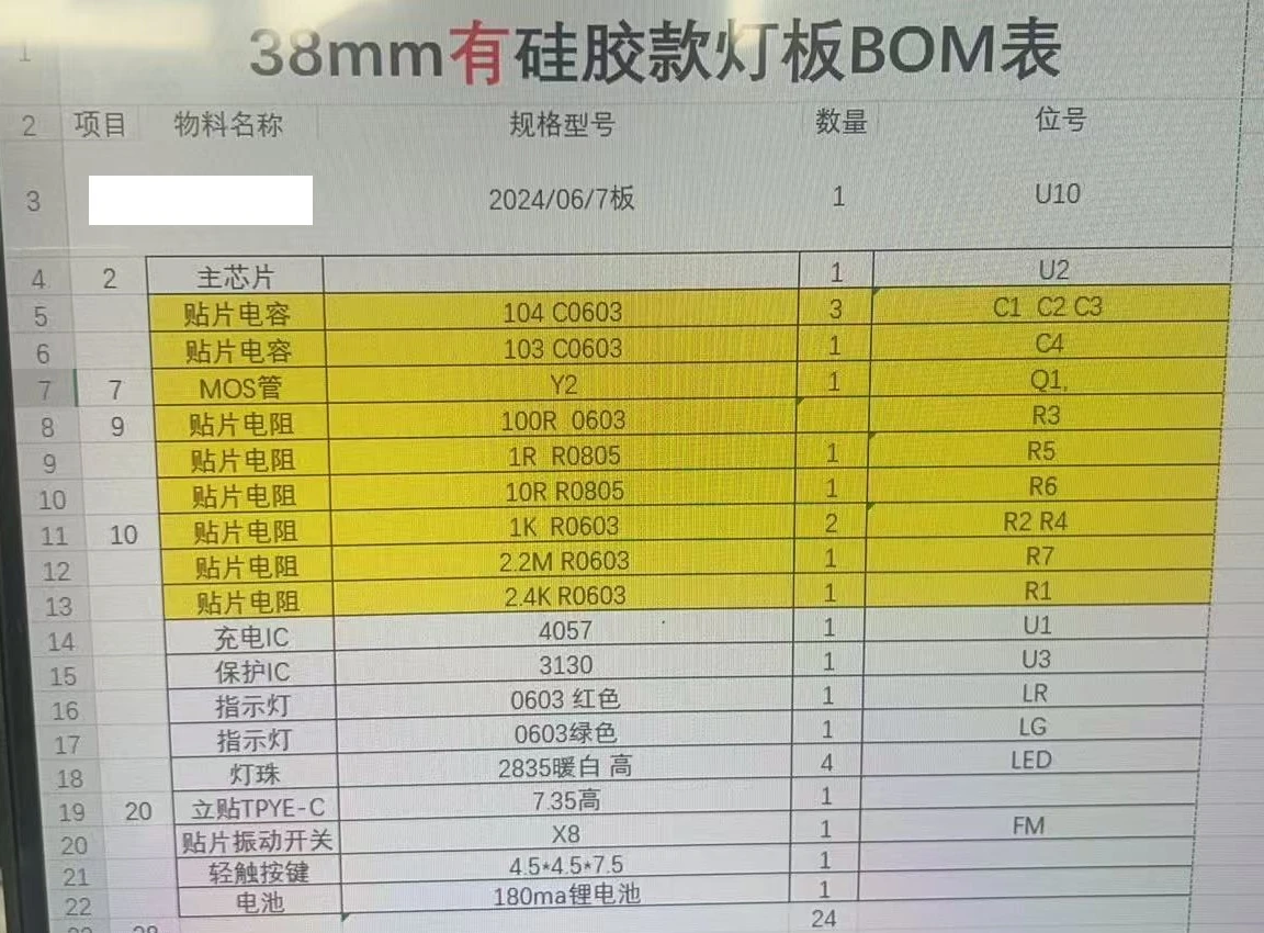Bill of materials for the indoor ambient light board, listing component categories, specifications and quantities.