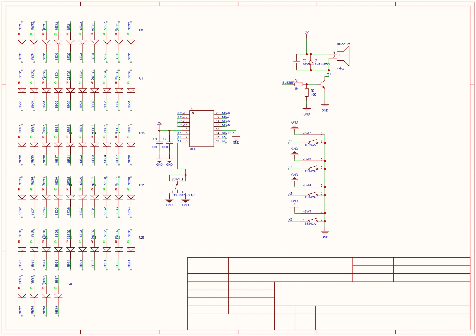 Schematic for the Morse code learning device, showing the microcontroller, the LED array, the switch inputs and the buzzer output.