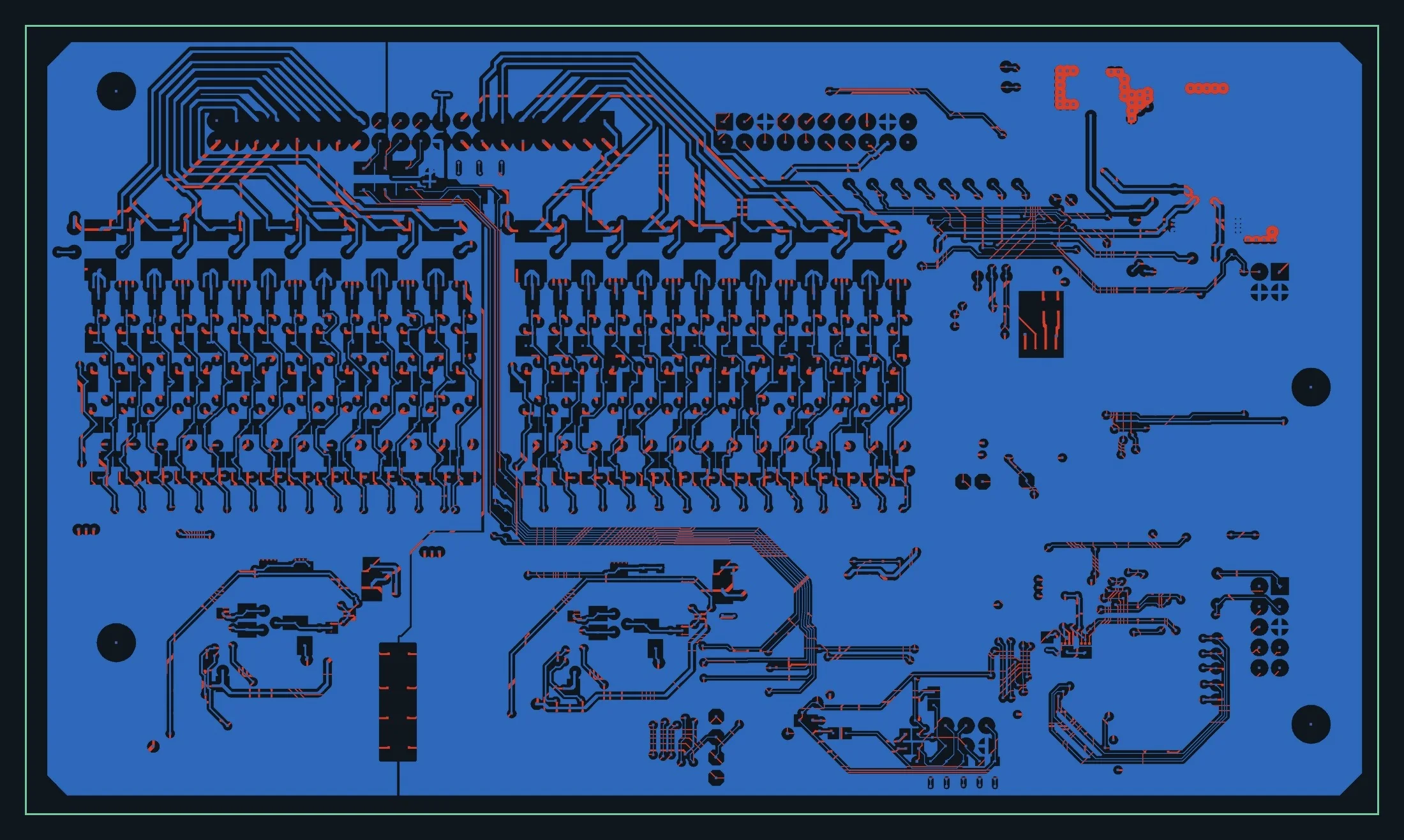 Copper layer artwork of the board, showing two large blocks of repeated channel circuitry, the board outline and four mounting holes.